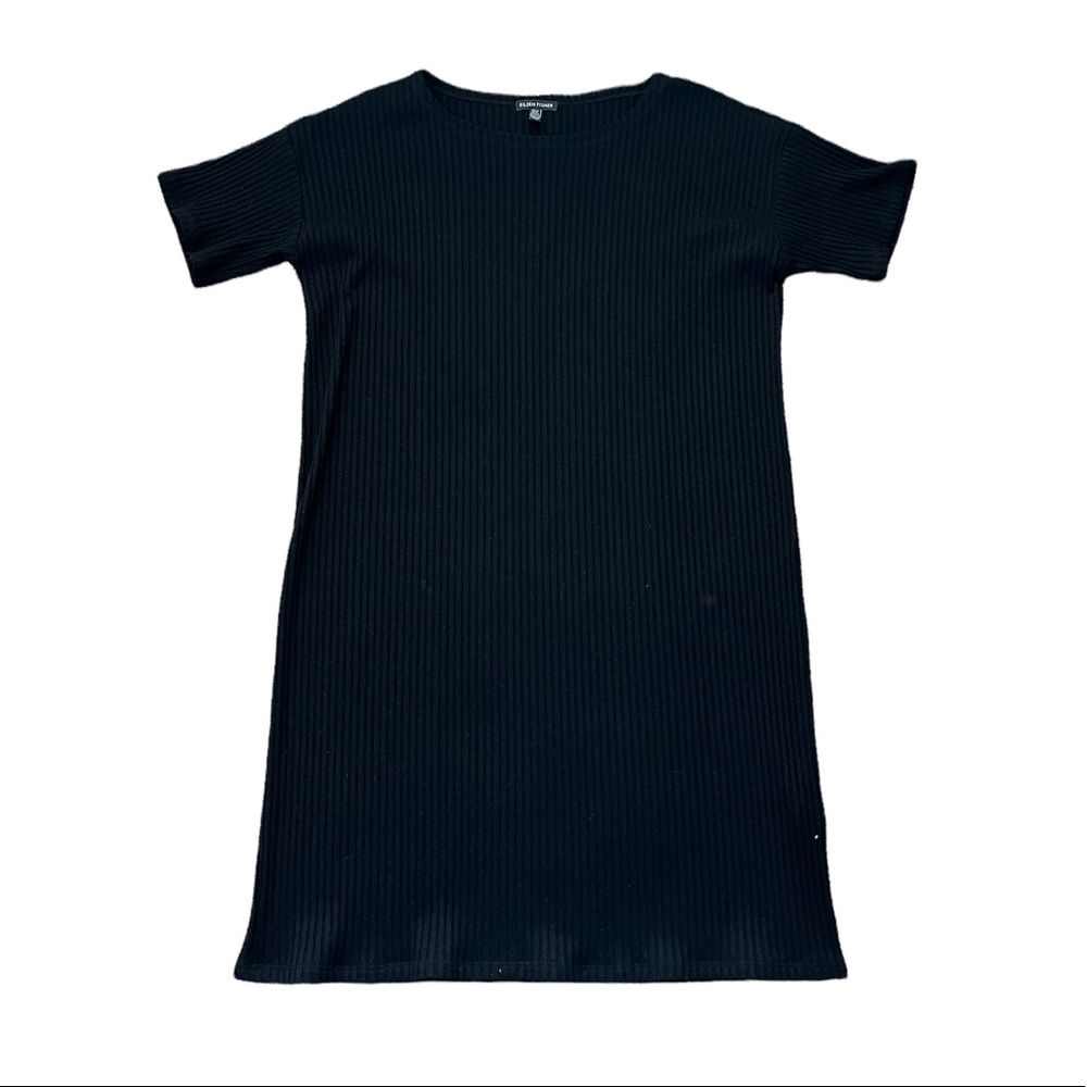 EILEEN FISHER BLACK RIBBED JERSEY MIDI DRESS